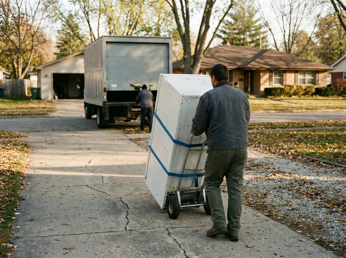 Worker wheeling an old white refrigerator strapped to a hand truck down a driveway toward a box truck