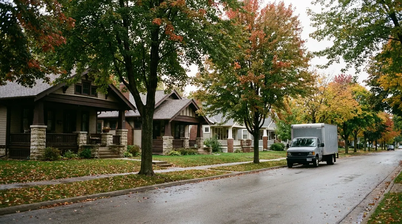 A row of early 20th-century bungalows with front porches on a residential street in fall