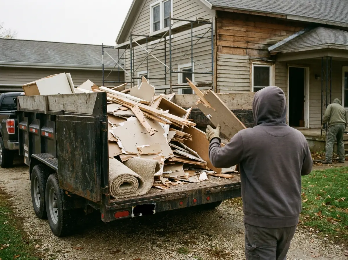 Remodel debris of broken drywall, lumber and carpet rolls loaded into a dump trailer beside a house