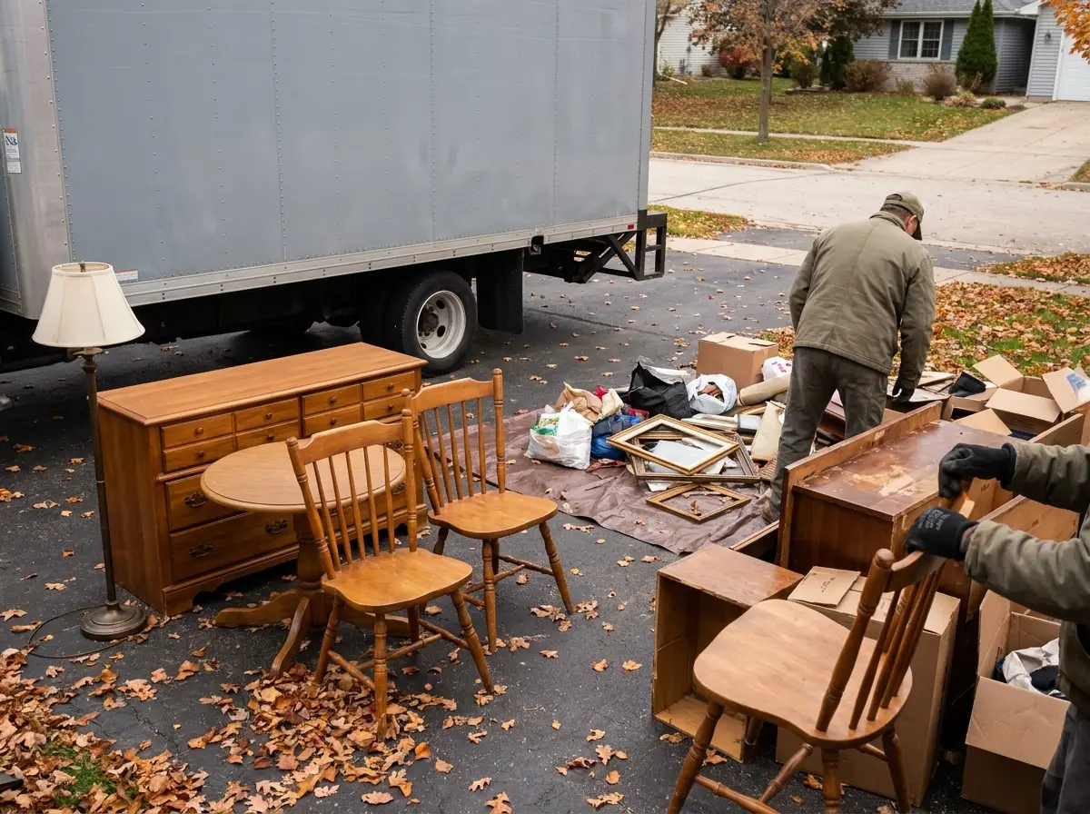 Wooden dresser, table and chairs set apart from a junk pile for donation