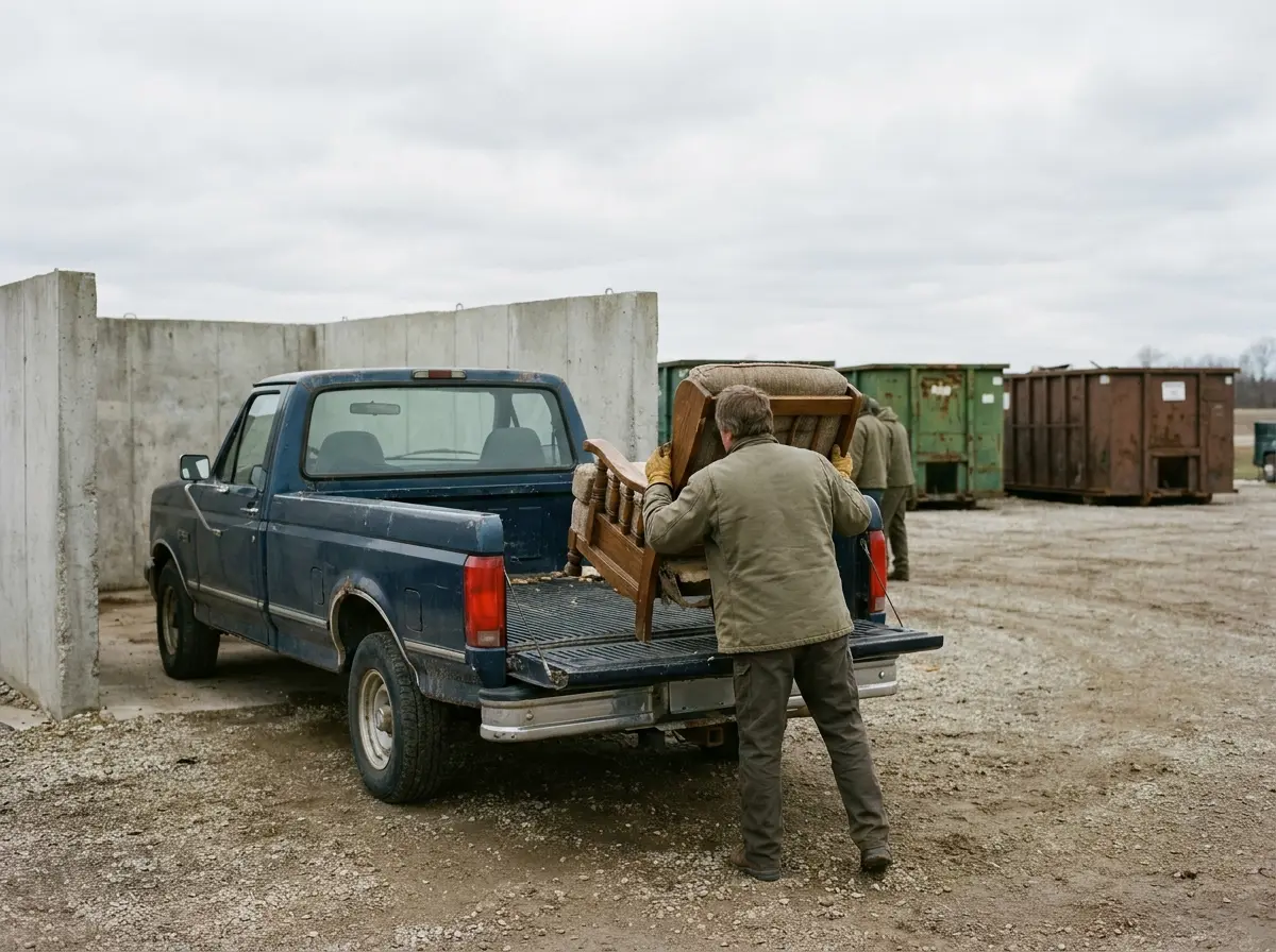 Person unloading an old chair from a pickup at a concrete-walled drop-off bin