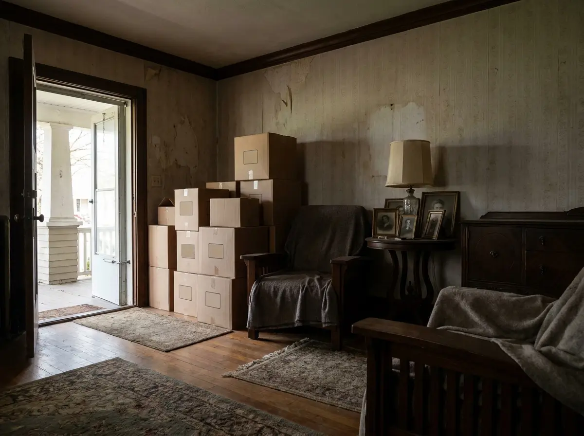 Living room of an older house mid-cleanout with boxes stacked and framed photos set aside