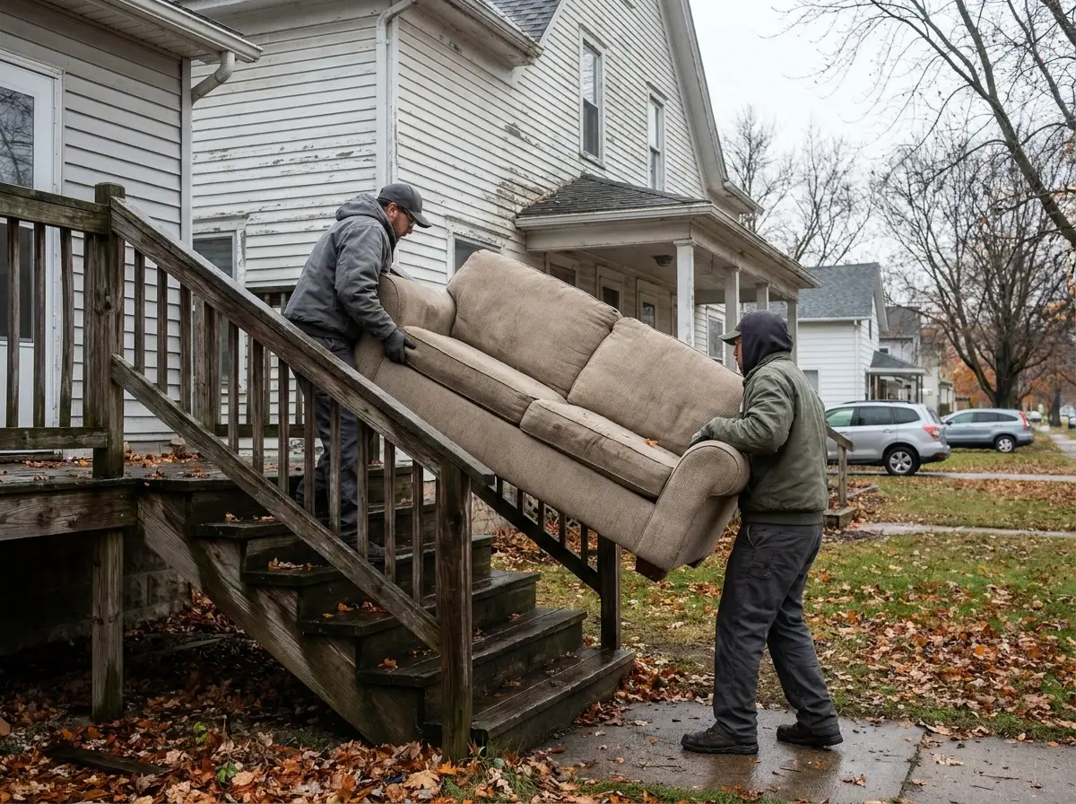 Two workers carrying a sofa down the stairs of an older duplex