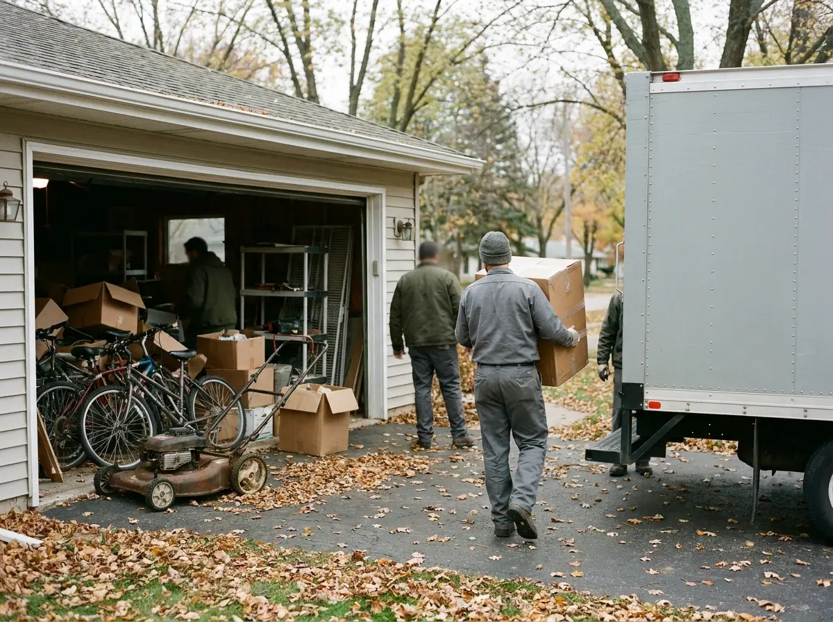 Crew carrying boxes out of a cluttered two-car garage toward a box truck in the driveway