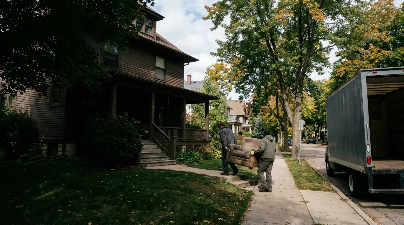 Two-person crew carrying an old armchair down the front walk of an older two-story Madison house toward a box truck in early fall