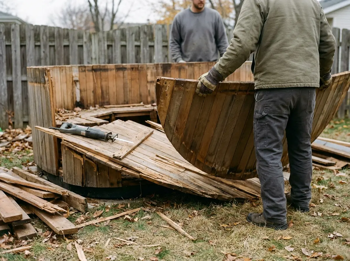 Weathered wooden hot tub partly cut into sections in a fenced backyard with fall leaves