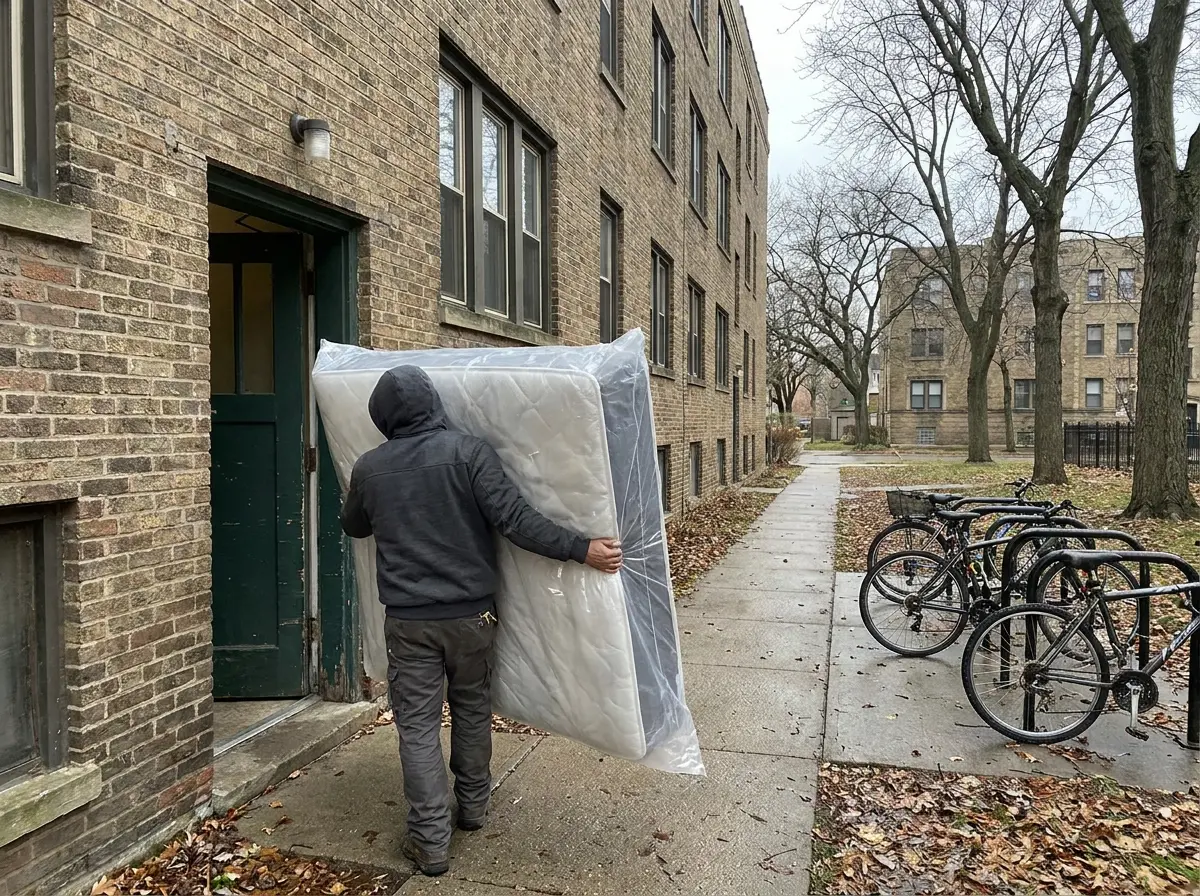 Worker carrying a plastic-wrapped mattress out of the side door of an older brick apartment building