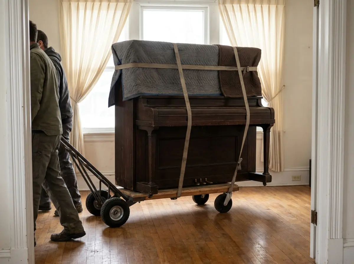 Dark wood upright piano strapped onto a piano dolly in a living room with hardwood floors