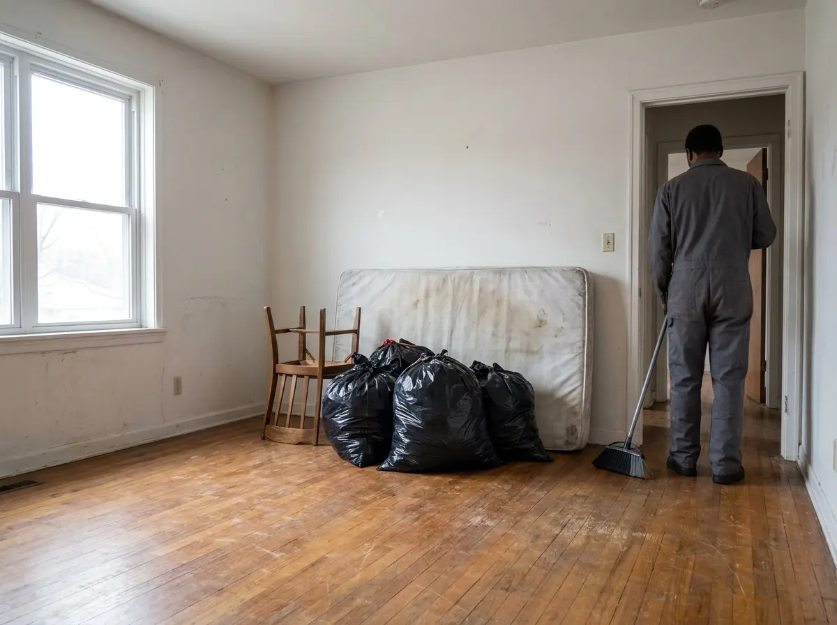 Empty apartment with a mattress, trash bags and a chair left behind and a worker sweeping