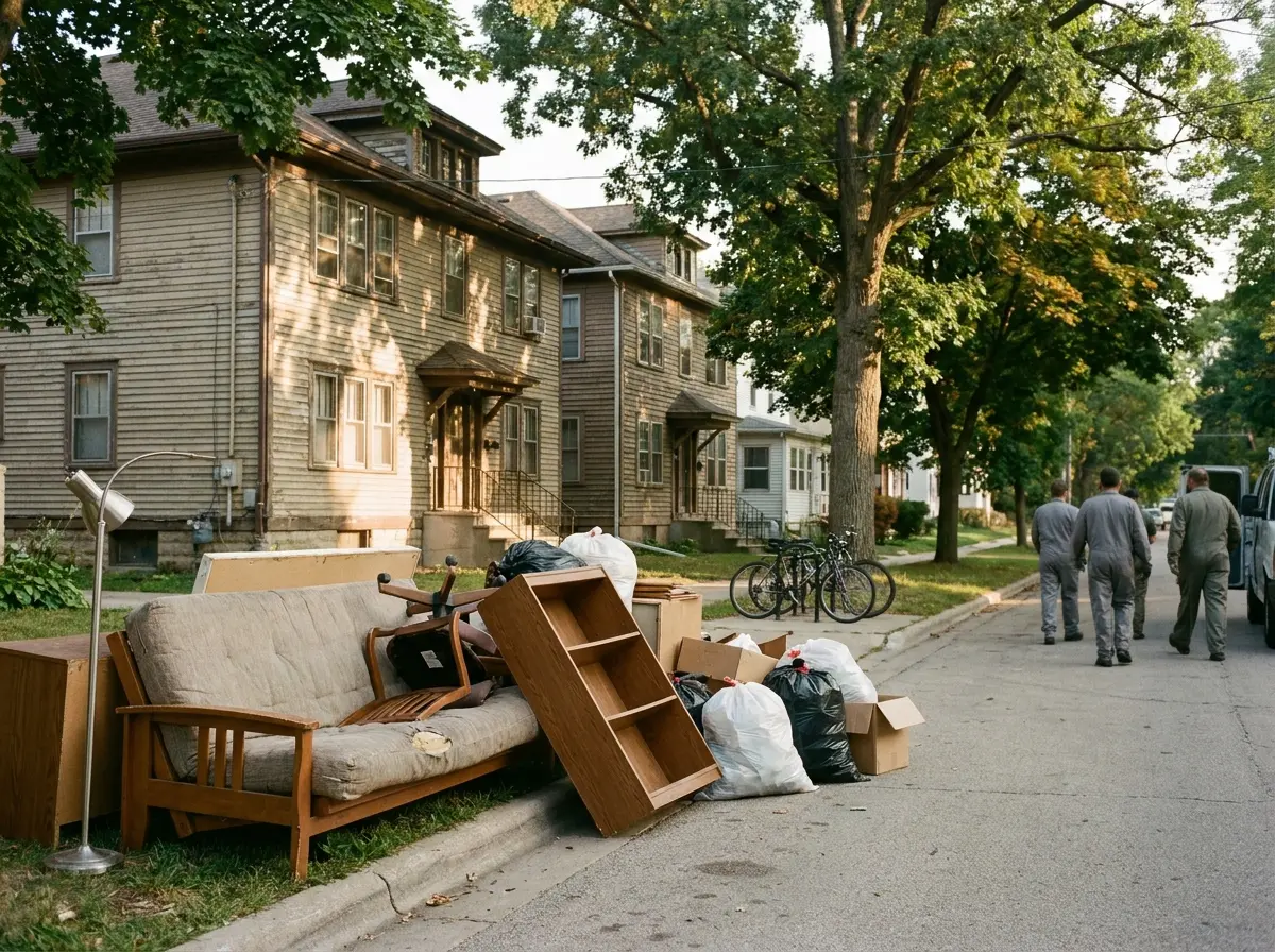 Late-summer curb pile of a futon, bookshelf, lamp and bags on a narrow street of older wooden two-flats