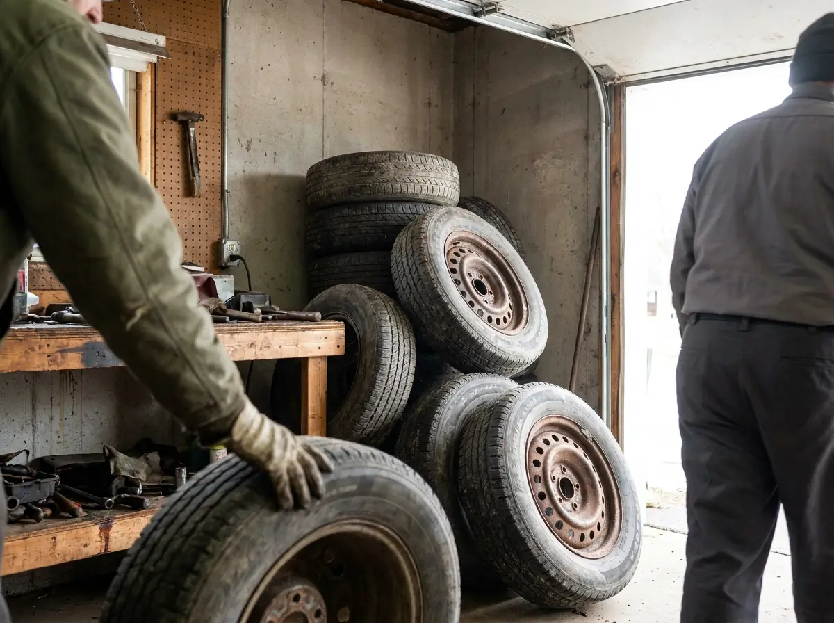 Stack of old car tires, some on steel rims, in the corner of a garage