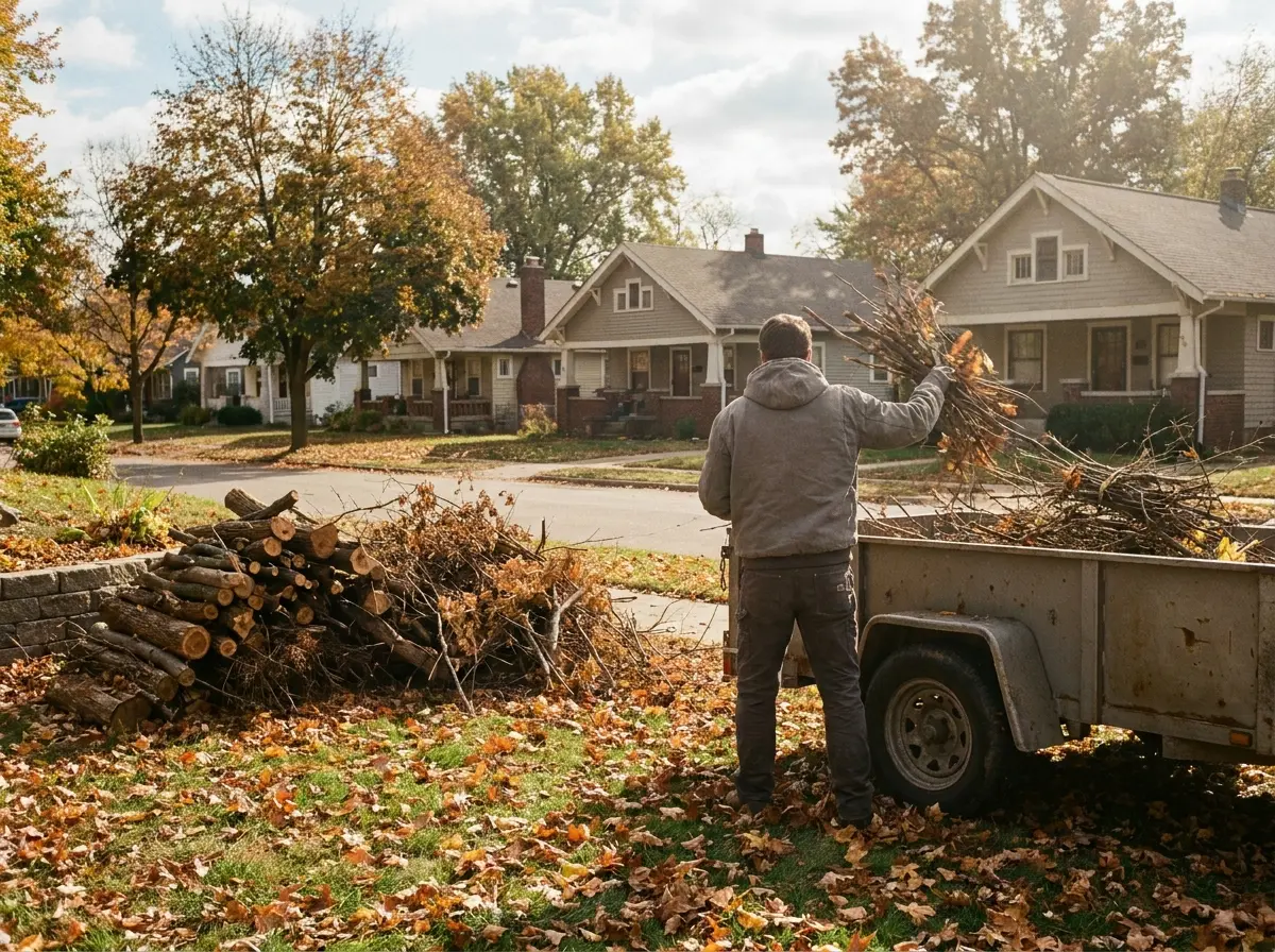 Worker loading branches from a brush pile into a trailer on a terrace lined with older houses in October